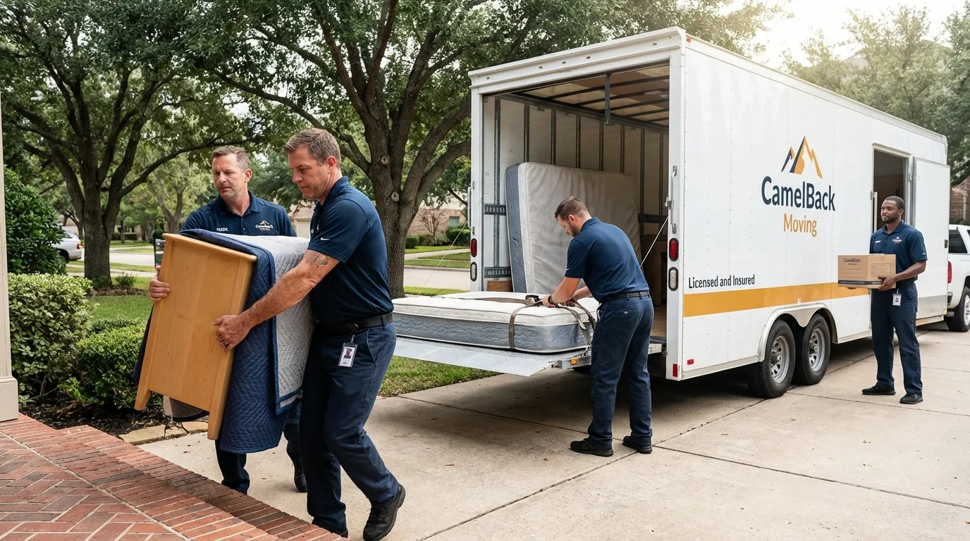 Crew loading residential truck for cross-state move from Hazen, ND