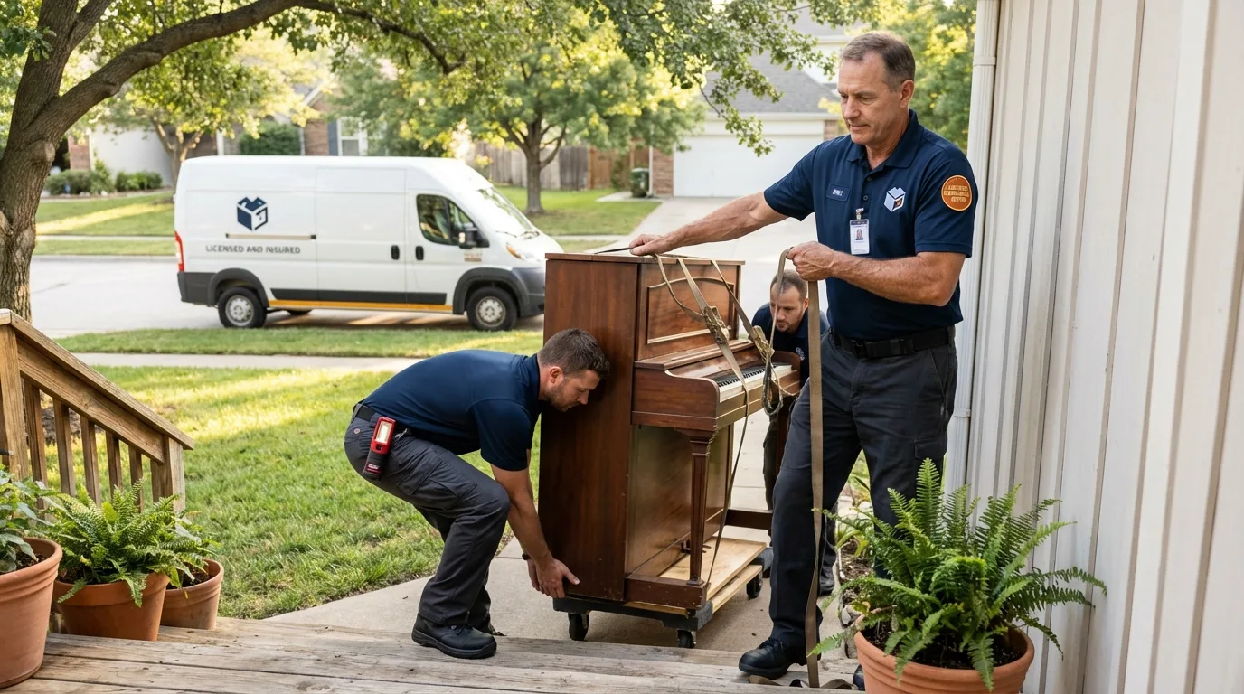 Licensed piano movers securing grand piano in Hazen, ND