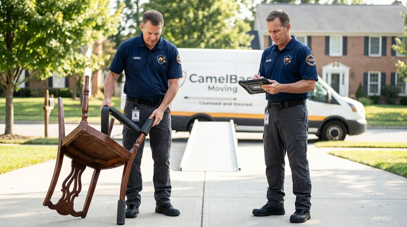 Movers inspecting furniture for damage prevention before loading in Hazen, ND